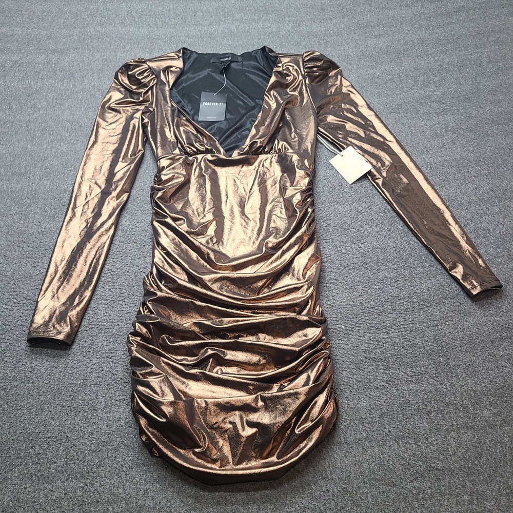 Forever 21 Dress‎ Womens Small Bronze New Metallic Ruched V-Neck Mini Bodycon